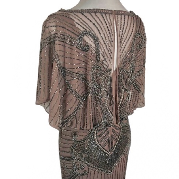 1920s Flapper Aidan Mattox 2 Tan Beaded Sheer Illusion Nude Designer Extra Smsll - Picture 9 of 12